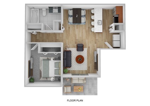 a stylized floor plan of a bedroom with a living room